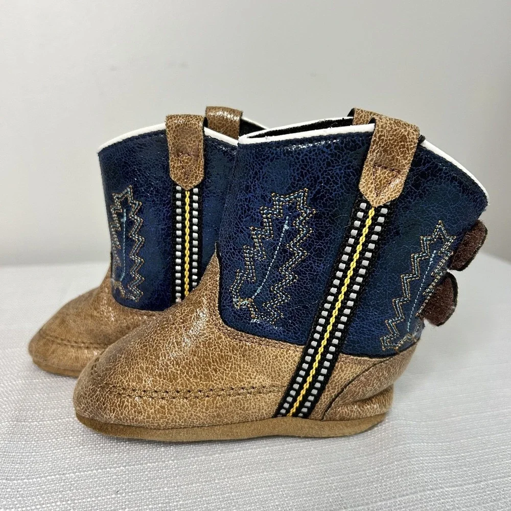 Old West Baby Infant Toddler Cowboy Boots Size 4 Navy Tan Western‎ Soft Sole